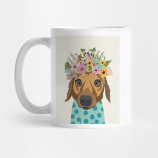 Dog in floral crown wearing a polka dot blue jumper Mug